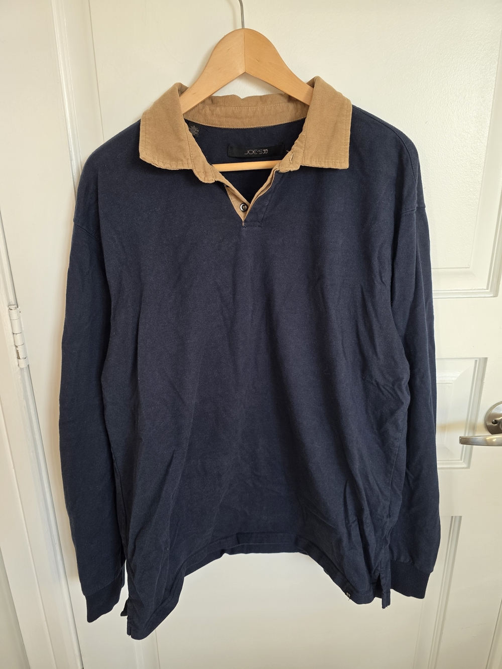 Joe's Jeans Navy Blue Rugby Pullover with Tan Corduroy Collar